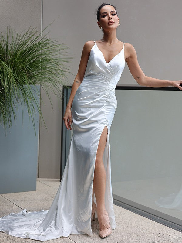 Sheath/Column Satin Ruched V-neck Sleeveless Sweep/Brush Train Wedding Dresses CICIP0007028