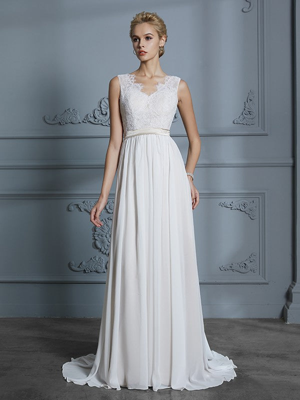 A-Line/Princess Sleeveless V-neck Chiffon Court Train Wedding Dresses CICIP0006288