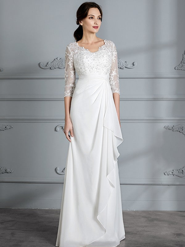 Sheath/Column V-neck 3/4 Sleeves Chiffon Floor-Length Wedding Dresses CICIP0006363