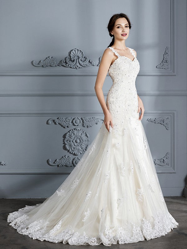 Trumpet/Mermaid Sweetheart Sleeveless Lace Court Train Wedding Dresses CICIP0006495