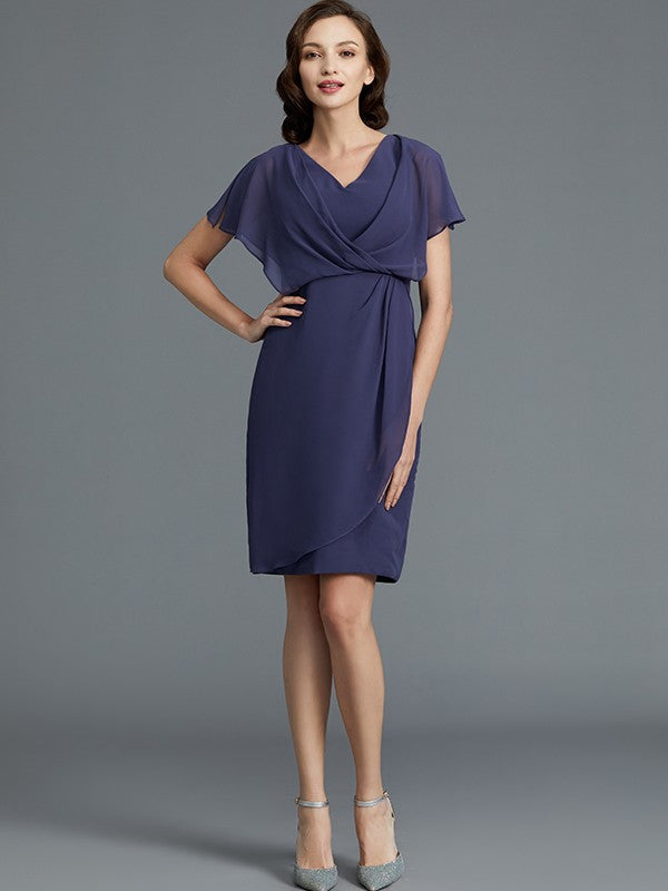 Sheath/Column V-neck Short Sleeves Chiffon Knee-Length Mother of the Bride Dresses CICIP0007259