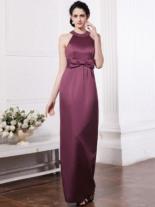 Sheath/Column Scoop Sleeveless Beading Bowknot Long Elastic Woven Satin Bridesmaid Dresses CICIP0005506