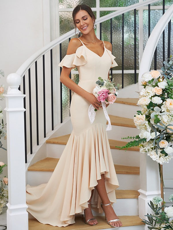 Trumpet/Mermaid Jersey Ruffles V-neck Sleeveless Asymmetrical Bridesmaid Dresses CICIP0004937