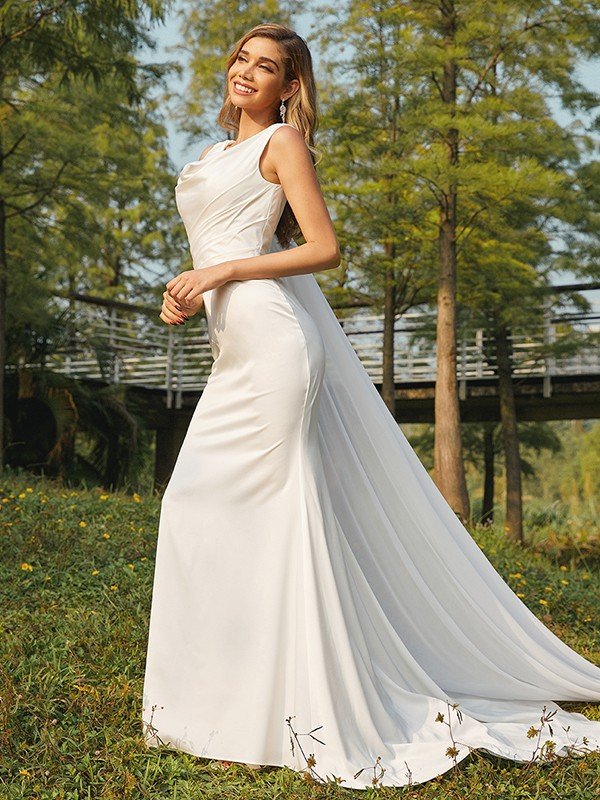 Sheath/Column Satin Ruched Scoop Sleeveless Sweep/Brush Train Wedding Dresses CICIP0006592