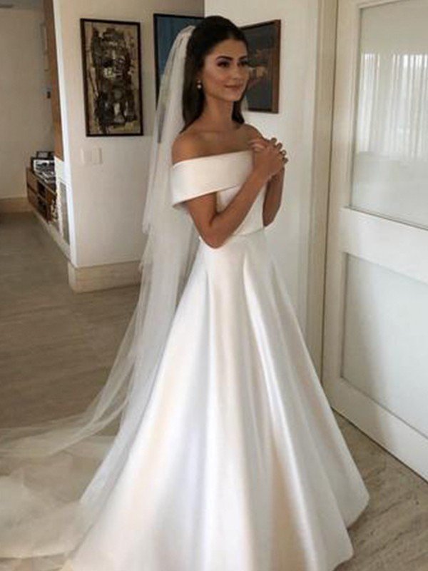 A-Line/Princess Off-the-Shoulder Sleeveless Sweep/Brush Train Ruffles Satin Wedding Dresses CICIP0005973