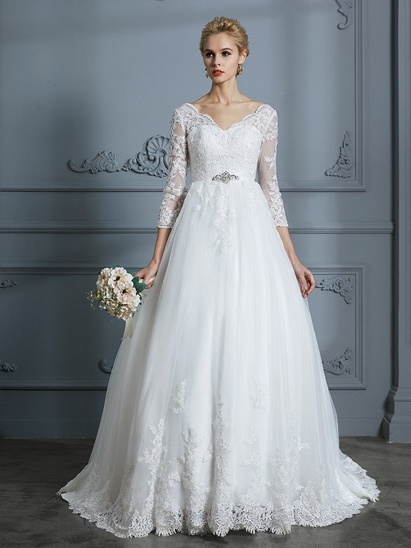 Ball Gown V-neck 3/4 Sleeves Court Train Lace Tulle Wedding Dresses CICIP0006428