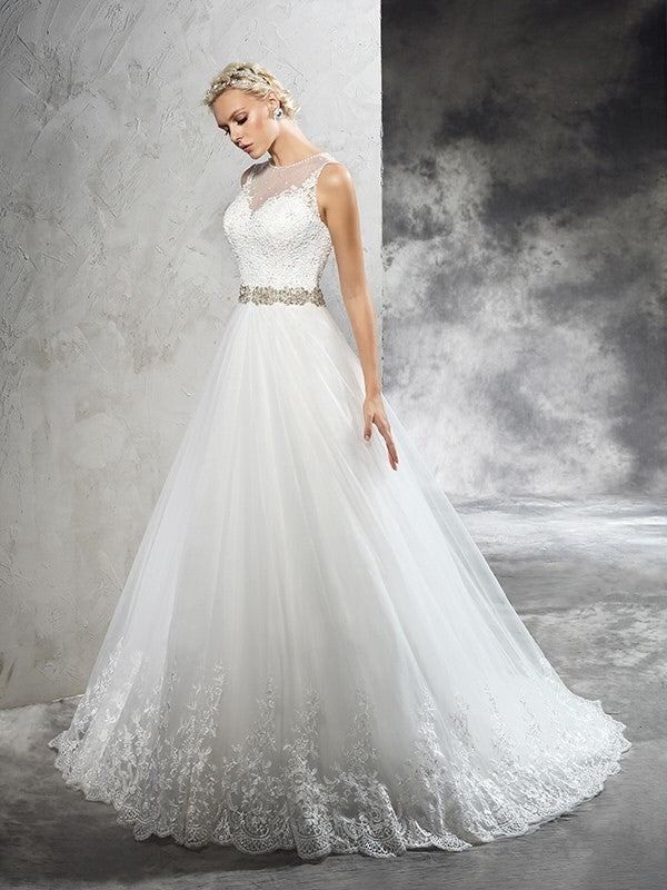 A-Line/Princess Sheer Neck Beading Sleeveless Long Net Wedding Dresses CICIP0006614