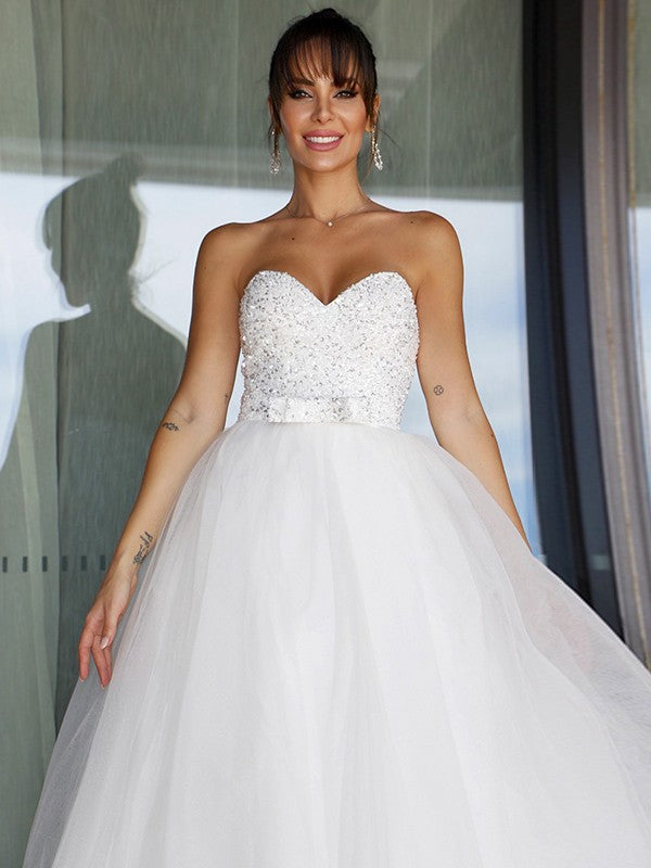 Ball Gown Tulle Sweetheart Bowknot Sleeveless Floor-Length Wedding Dresses CICIP0006196