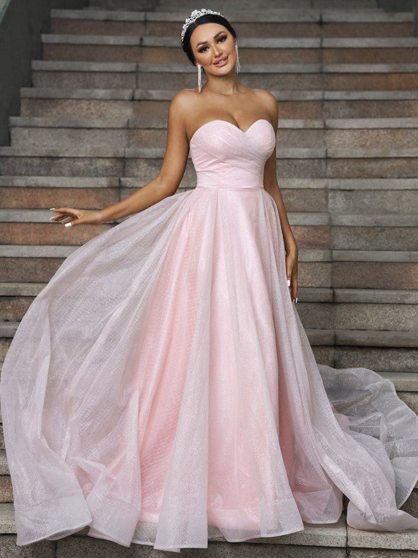 A-Line/Princess Satin Ruffles Sweetheart Sleeveless Sweep/Brush Train Wedding Dresses CICIP0006505