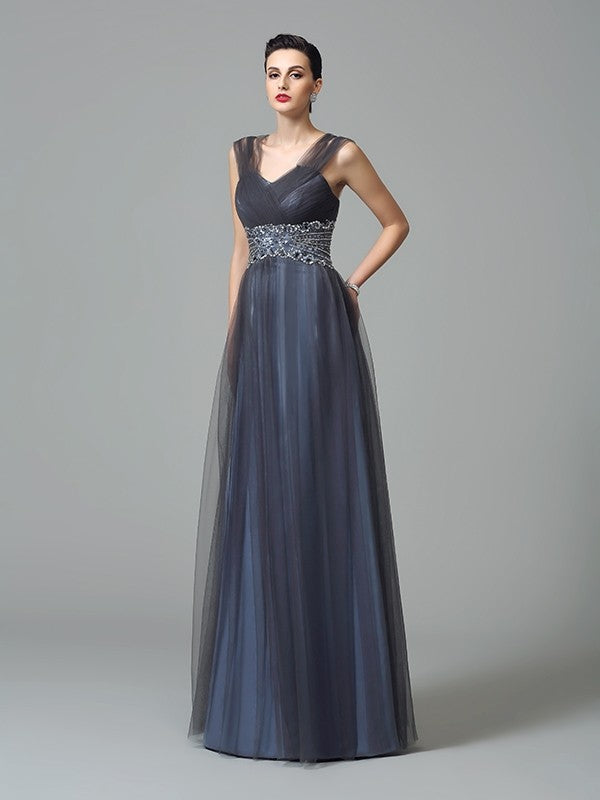 A-Line/Princess Straps Beading Sleeveless Long Net Mother of the Bride Dresses CICIP0007330