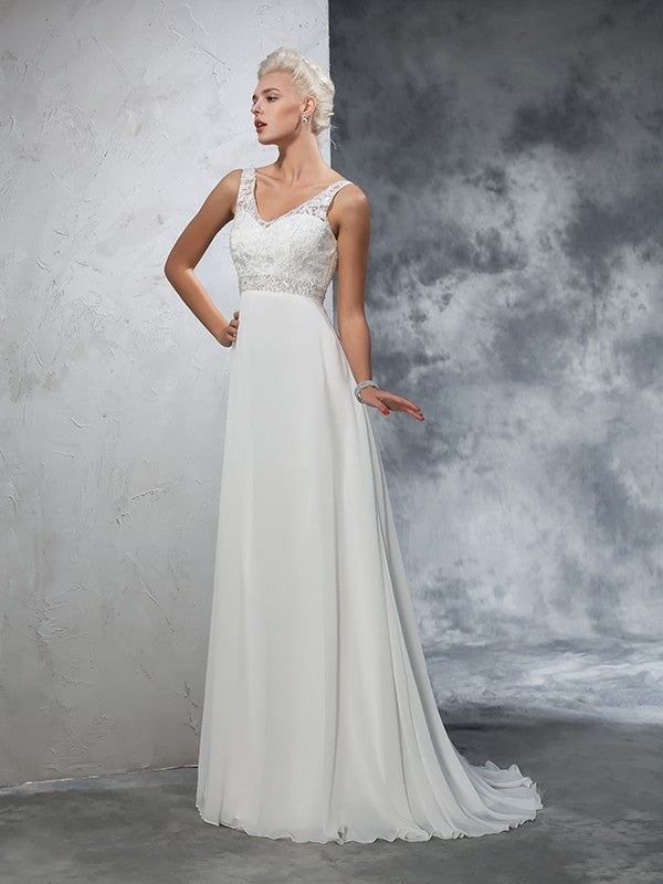 A-Line/Princess V-neck Beading Sleeveless Long Chiffon Wedding Dresses CICIP0006610