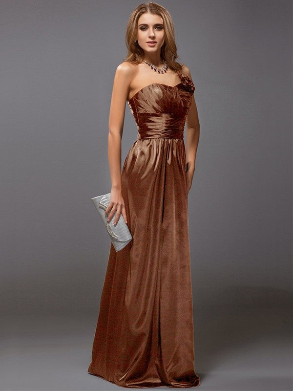 Sheath/Column One-Shoulder Sleeveless Ruffles Long Satin Bridesmaid Dresses CICIP0005611