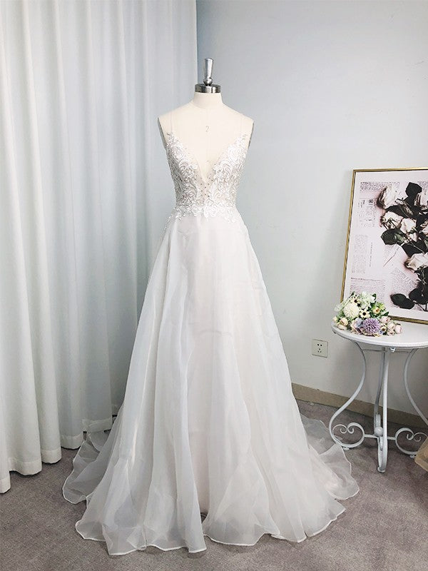 A-Line/Princess Spaghetti Straps Chiffon Applique Sleeveless Sweep/Brush Train Wedding Dresses CICIP0006166