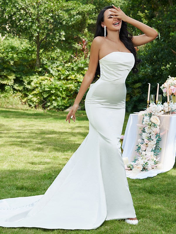 Trumpet/Mermaid Satin Ruched Strapless Sleeveless Sweep/Brush Train Wedding Dresses CICIP0006371