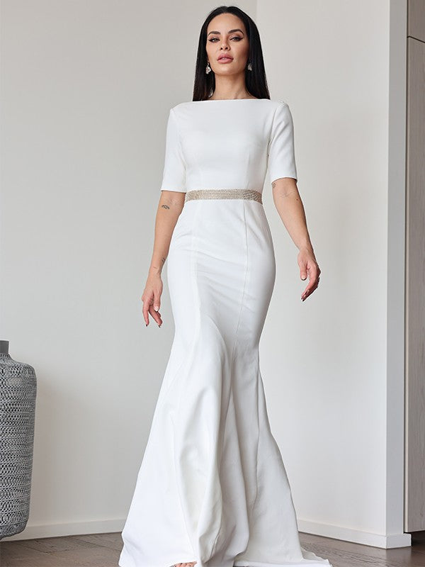 Sheath/Column Stretch Crepe Ruched Scoop 1/2 Sleeves Sweep/Brush Train Wedding Dresses CICIP0007027