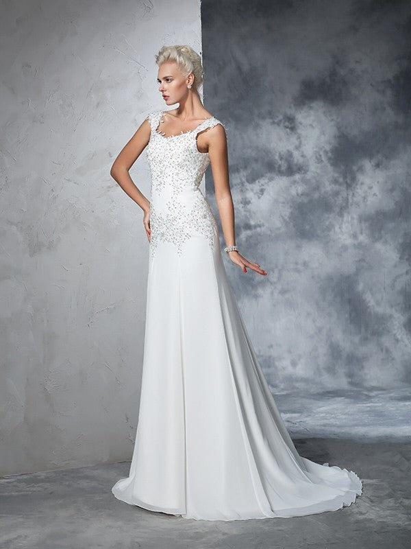 A-Line/Princess Straps Beading Sleeveless Long Chiffon Wedding Dresses CICIP0006465