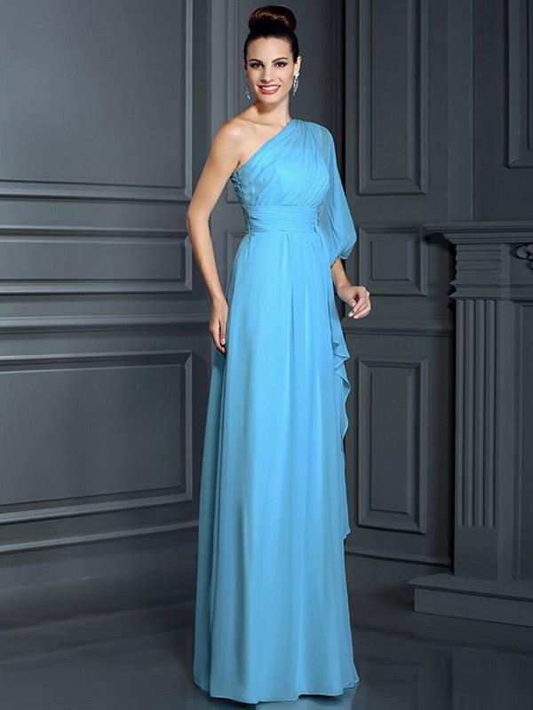 Sheath/Column One-Shoulder 3/4 Sleeves Long Chiffon Bridesmaid Dresses CICIP0005047