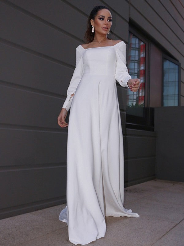 A-Line/Princess Stretch Crepe Ruffles Long Sleeves Square Sweep/Brush Train Wedding Dresses CICIP0006452