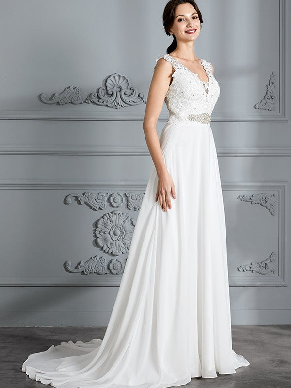 A-Line/Princess Sleeveless V-neck Sweep/Brush Train Chiffon Wedding Dresses CICIP0006487