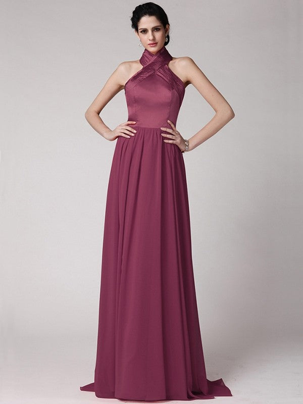 Sheath/Column Halter Sleeveless Pleats Long Elastic Woven Satin Chiffon Bridesmaid Dresses CICIP0005653