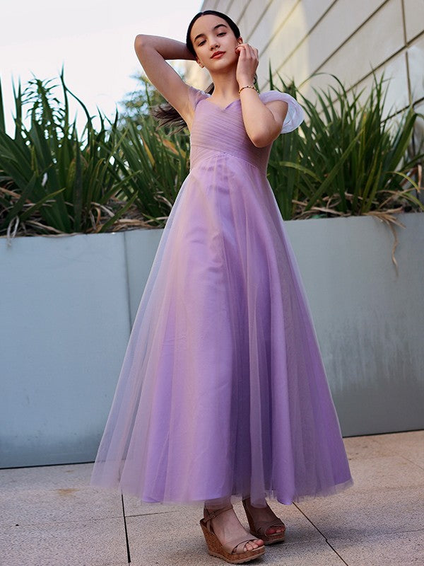 A-Line/Princess Tulle Ruched V-neck Short Sleeves Floor-Length Junior/Girls Bridesmaid Dresses CICIP0005881