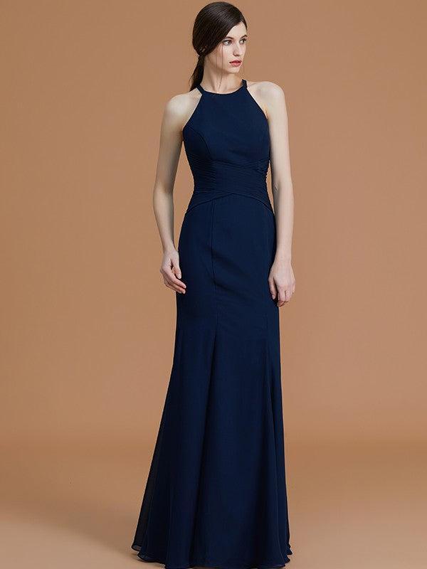 Trumpet/Mermaid Halter Sleeveless Floor-Length Ruched Chiffon Bridesmaid Dresses CICIP0005544