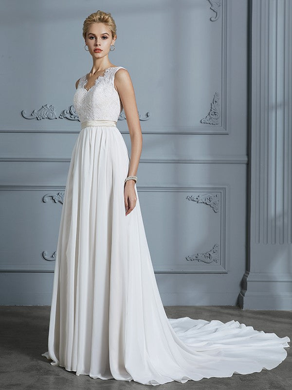 A-Line/Princess Sleeveless V-neck Chiffon Court Train Wedding Dresses CICIP0006288