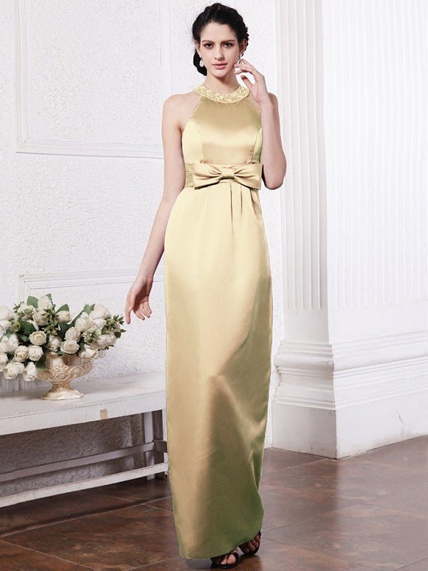 Sheath/Column Scoop Sleeveless Beading Bowknot Long Elastic Woven Satin Bridesmaid Dresses CICIP0005506