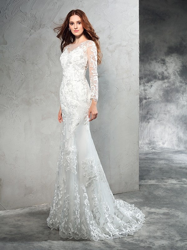 Sheath/Column Sheer Neck Lace Long Sleeves Long Net Wedding Dresses CICIP0006518