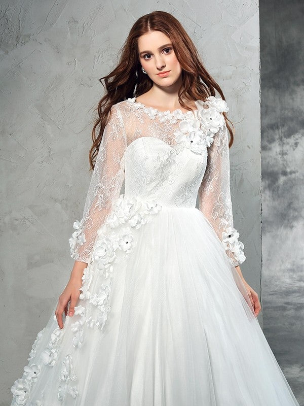 Ball Gown Sheer Neck Hand-Made Flower Long Sleeves Long Net Wedding Dresses CICIP0006751