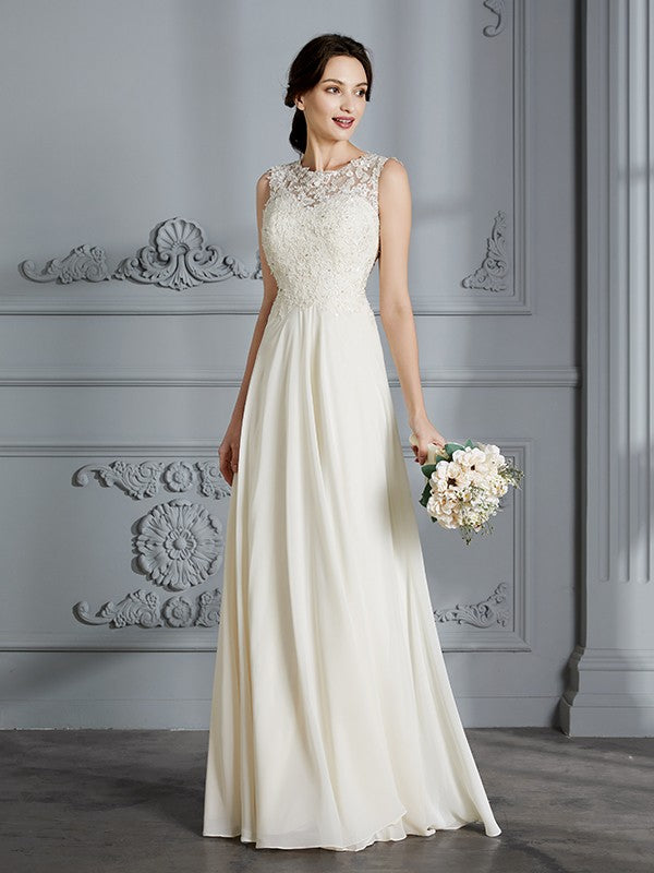 A-Line/Princess Scoop Chiffon Sleeveless Floor-Length Wedding Dresses CICIP0006190