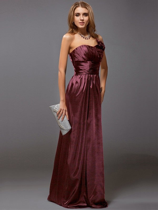 Sheath/Column One-Shoulder Sleeveless Ruffles Long Satin Bridesmaid Dresses CICIP0005611