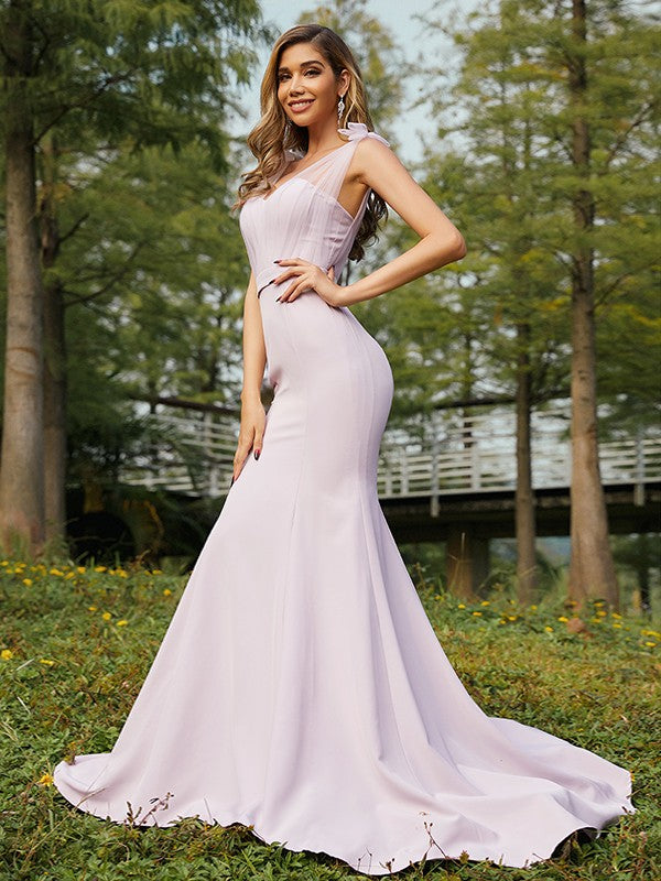 Trumpet/Mermaid Stretch Crepe Ruched V-neck Sleeveless Sweep/Brush Train Bridesmaid Dresses CICIP0004993