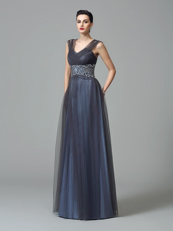 A-Line/Princess Straps Beading Sleeveless Long Net Mother of the Bride Dresses CICIP0007330