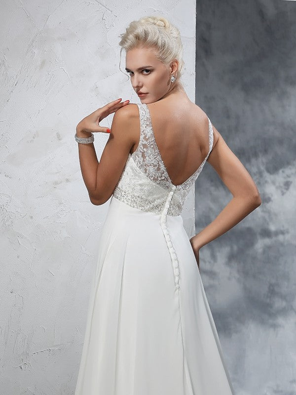 A-Line/Princess V-neck Beading Sleeveless Long Chiffon Wedding Dresses CICIP0006610