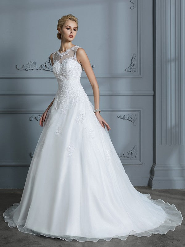 Ball Gown Scoop Sleeveless Organza Court Train Applique Wedding Dresses CICIP0006427