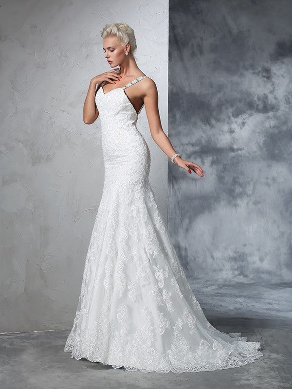 Trumpet/Mermaid Spaghetti Straps Lace Sleeveless Long Lace Wedding Dresses CICIP0006854