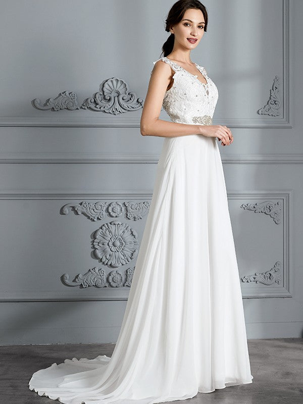 A-Line/Princess Sleeveless V-neck Sweep/Brush Train Chiffon Wedding Dresses CICIP0006487