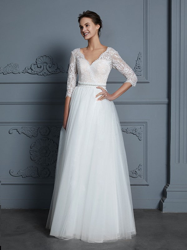 A-Line/Princess V-neck 3/4 Sleeves Floor-Length Lace Tulle Wedding Dresses CICIP0006306