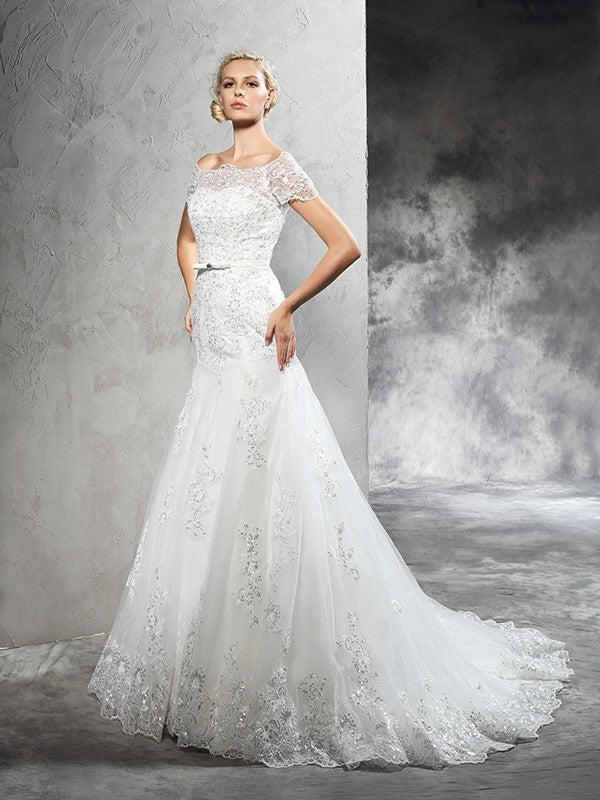 Sheath/Column Off-the-Shoulder Applique Short Sleeves Long Net Wedding Dresses CICIP0006450