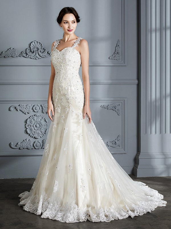 Trumpet/Mermaid Sweetheart Sleeveless Lace Court Train Wedding Dresses CICIP0006495