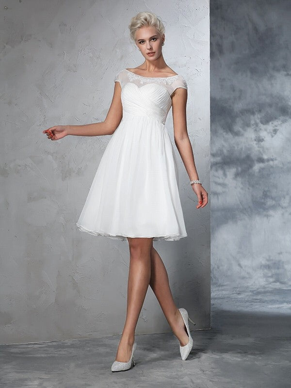 A-Line/Princess Sheer Neck Ruched Short Sleeves Short Chiffon Wedding Dresses CICIP0006652