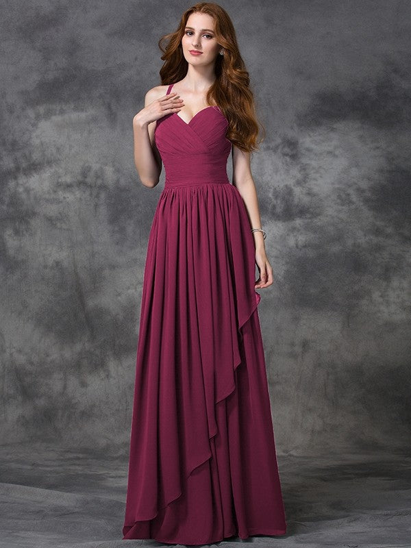 A-line/Princess Spaghetti Straps Sleeveless Long Ruffles Chiffon Bridesmaid Dresses CICIP0005431