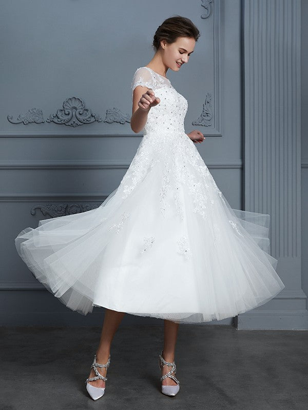 A-Line/Princess Scoop Short Sleeves Tea-Length Beading Tulle Wedding Dresses CICIP0006474