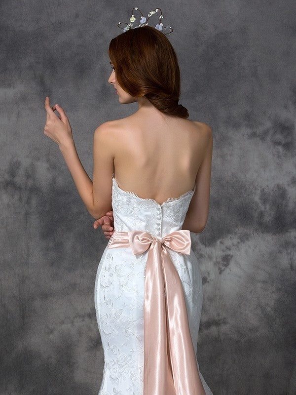 Trumpet/Mermaid Strapless Sash/Ribbon/Belt Sleeveless Long Lace Wedding Dresses CICIP0006769