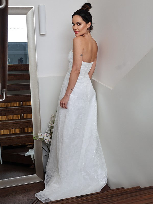 A-Line/Princess Ruched Sweetheart Sleeveless Sweep/Brush Train Wedding Dresses CICIP0006455