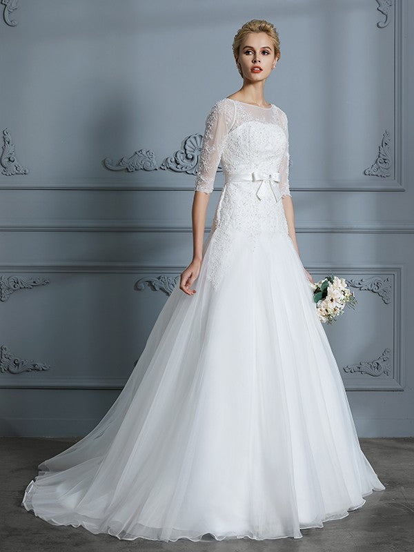 A-Line/Princess 1/2 Sleeves Scoop Lace Court Train Tulle Wedding Dresses CICIP0006509