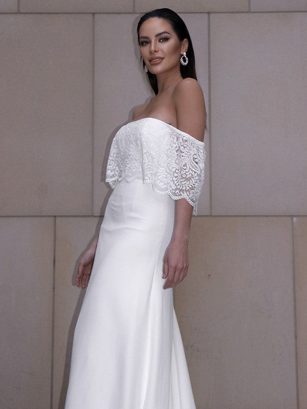 Sheath/Column Lace Ruffles Off-the-Shoulder Short Sleeves Sweep/Brush Train Wedding Dresses CICIP0006510