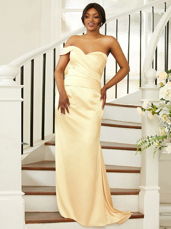 Sheath/Column Elastic Woven Satin Ruched One-Shoulder Sleeveless Sweep/Brush Train Bridesmaid Dresses CICIP0004986