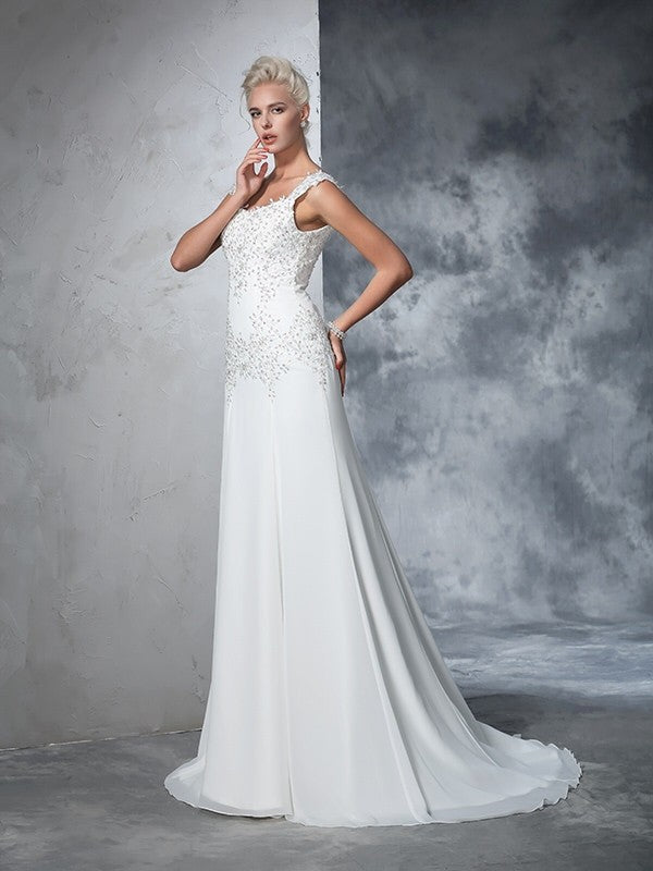 A-Line/Princess Straps Beading Sleeveless Long Chiffon Wedding Dresses CICIP0006465